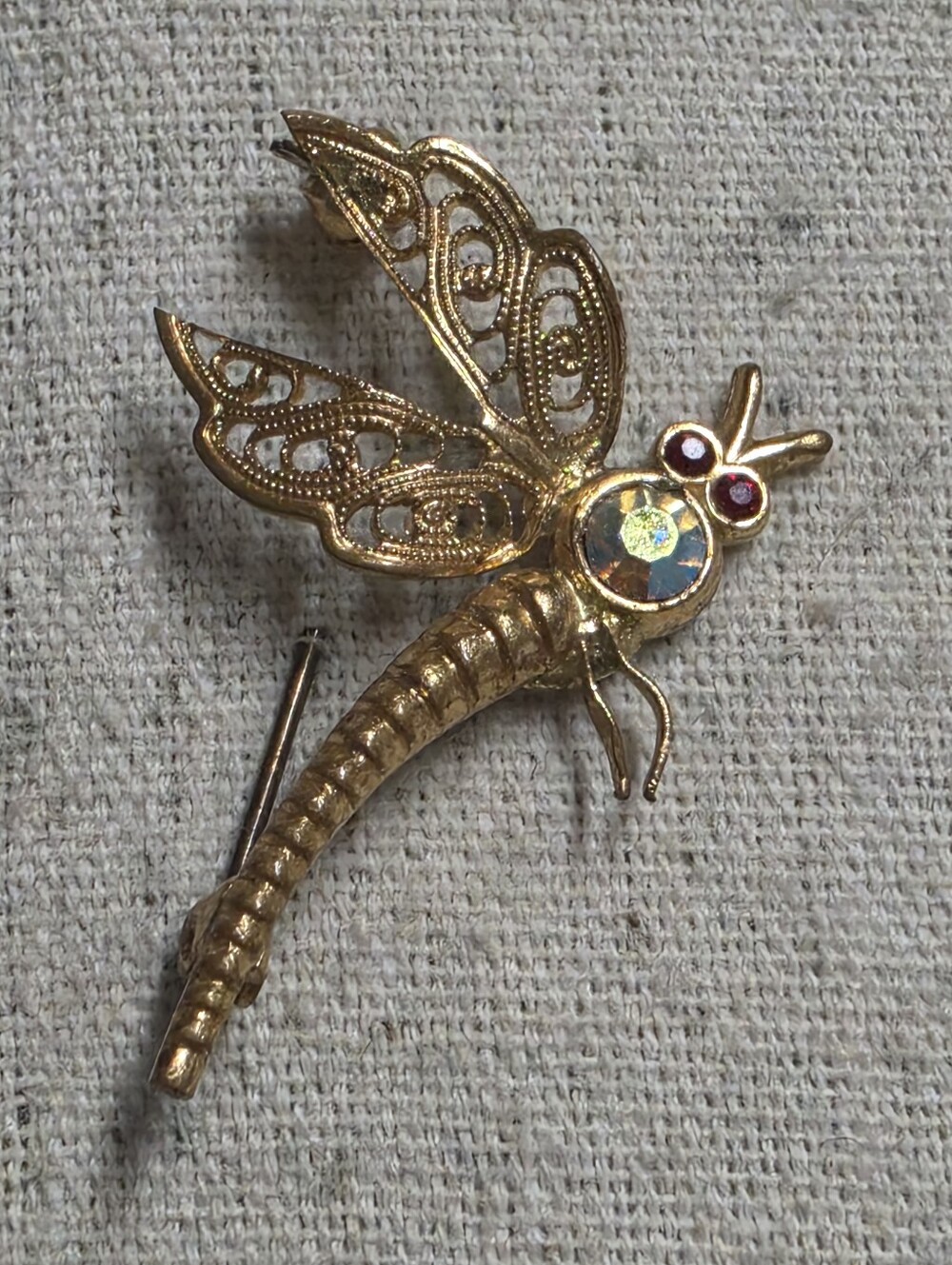 Vintage Signed West Germany Gold-Tone Filigree Dragonfly Brooch – AB Rhinestone